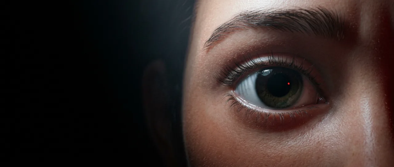 An extreme close-up of an eye, with a small red light reflected in the pupil.