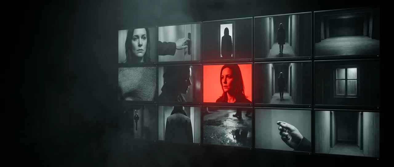 A wall of monitors playing black-and-white commercial frames, one panel lit red.