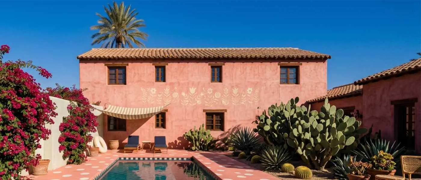 A pink-walled villa with a palm, bougainvillea and cacti around a tiled pool.